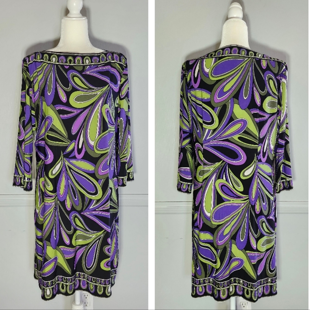 Sandra Darren Purple Green Cocktail Dress Knee-Length 3/4 Sleeve
